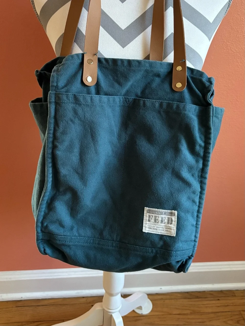 FEED Canvas Tote Bag Green w/ Leather Straps | Ethical Market